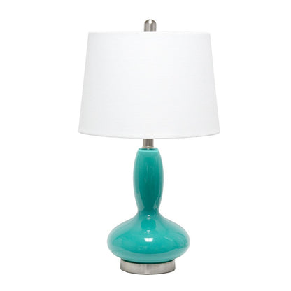 23" Teal Blue And Silver Glass And Metal Novelty Table Lamp With White Drum Shade