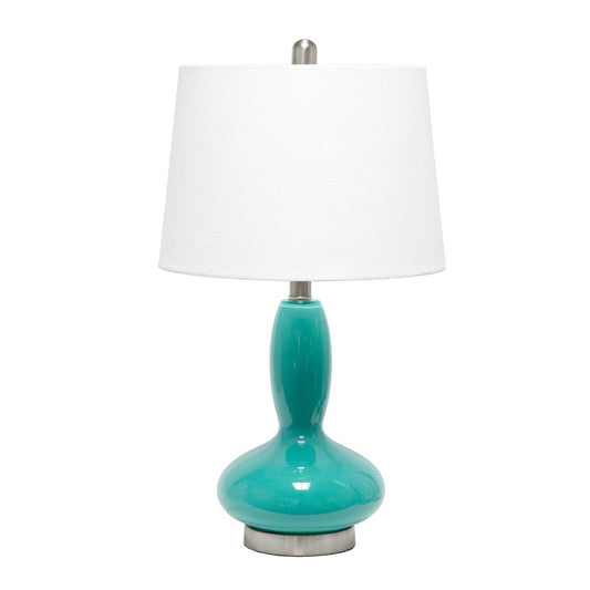 23" Teal Blue And Silver Glass And Metal Novelty Table Lamp With White Drum Shade