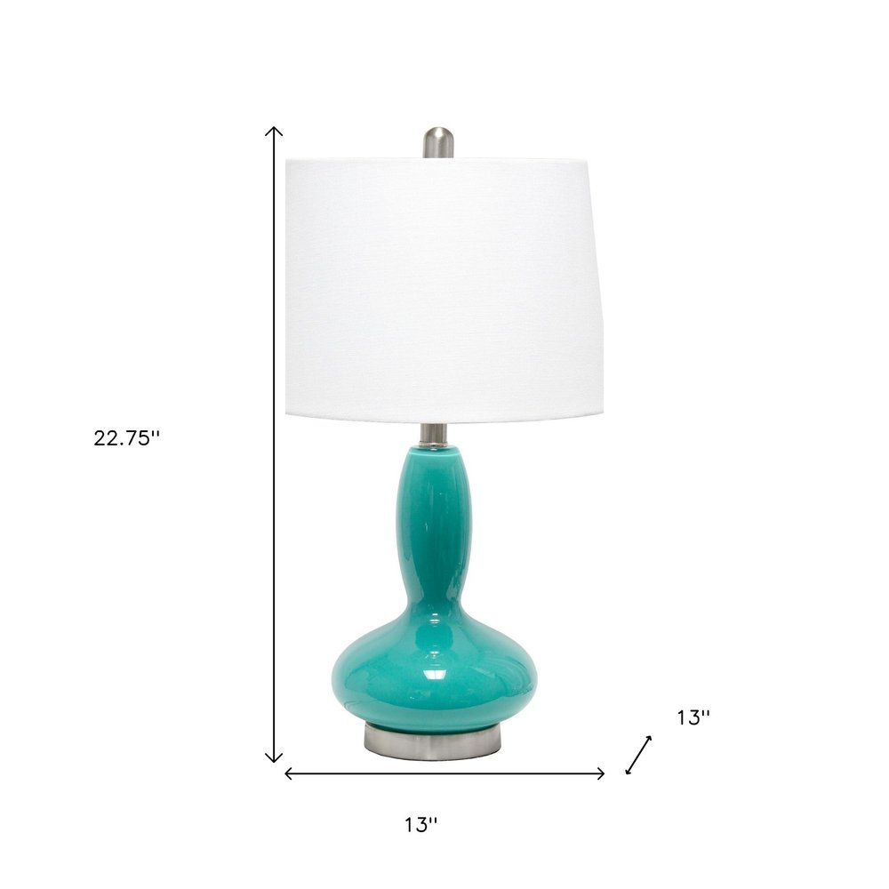 23" Teal Blue And Silver Glass And Metal Novelty Table Lamp With White Drum Shade