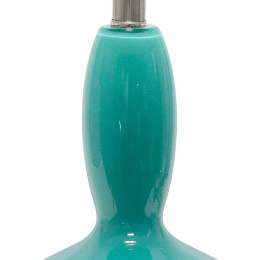 23" Teal Blue And Silver Glass And Metal Novelty Table Lamp With White Drum Shade