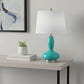 23" Teal Blue And Silver Glass And Metal Novelty Table Lamp With White Drum Shade