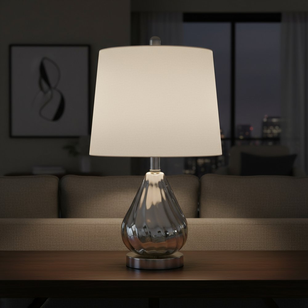 21" Silver Glass And Metal Scalloped Table Lamp With Gray Drum Shade