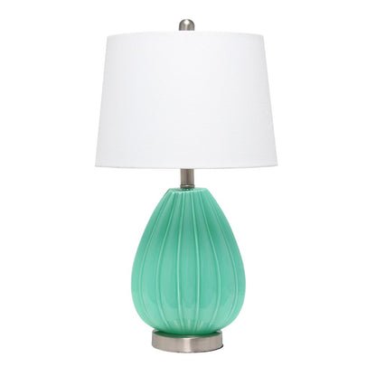 23" Sea Green And Silver Geometric Lines Table Lamp With White Drum Shade