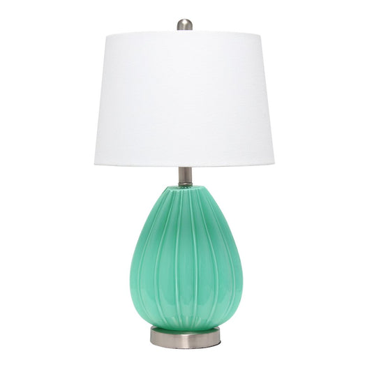 23" Sea Green And Silver Geometric Lines Table Lamp With White Drum Shade