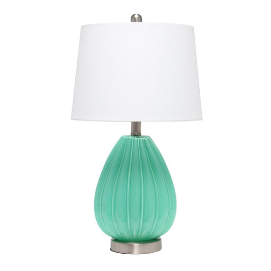 23" Sea Green And Silver Geometric Lines Table Lamp With White Drum Shade