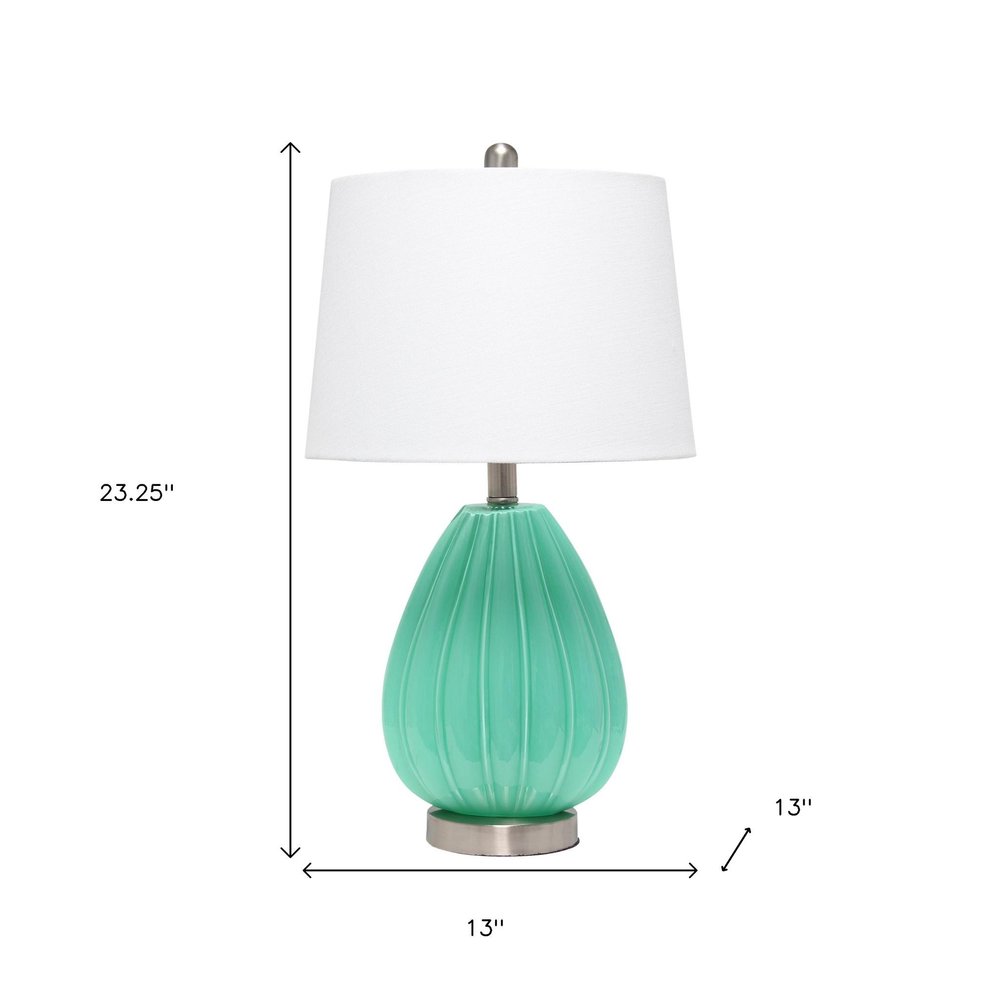 23" Sea Green And Silver Geometric Lines Table Lamp With White Drum Shade