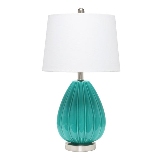 23" Teal Blue And Silver Glass And Metal Novelty Table Lamp With White Drum Shade