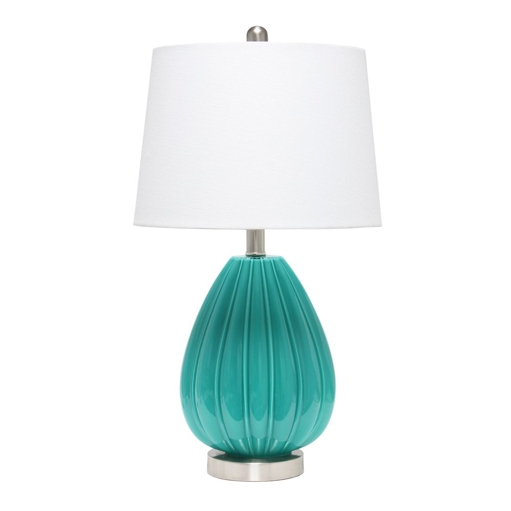23" Teal Blue And Silver Glass And Metal Novelty Table Lamp With White Drum Shade