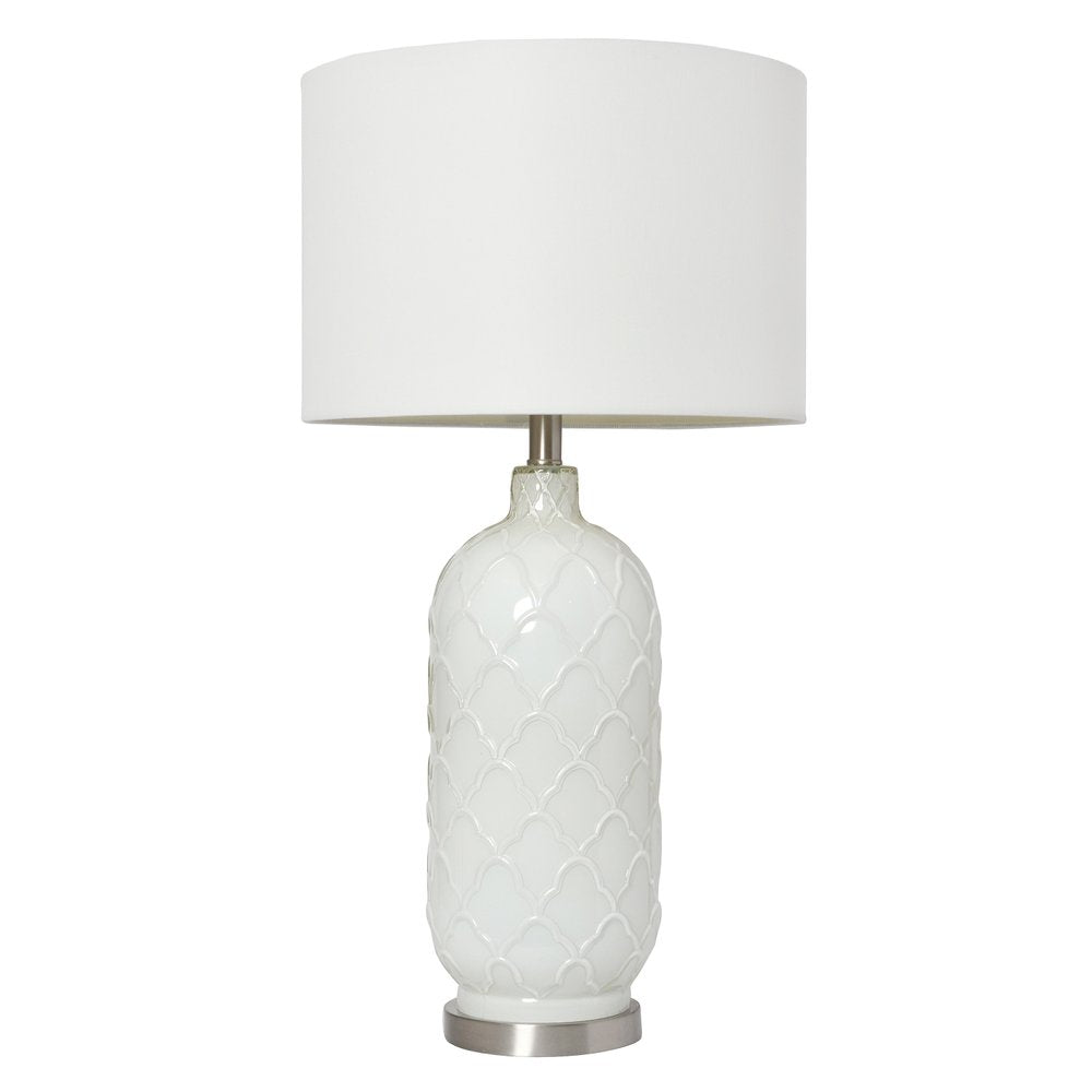 30" White And Nickel Glass Quatrefoil Table Lamp With White Drum Shade