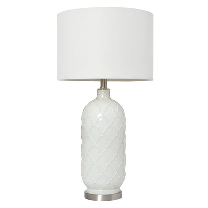 30" White And Nickel Glass Quatrefoil Table Lamp With White Drum Shade