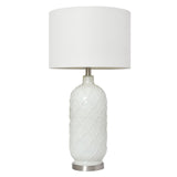 30" White And Nickel Glass Quatrefoil Table Lamp With White Drum Shade