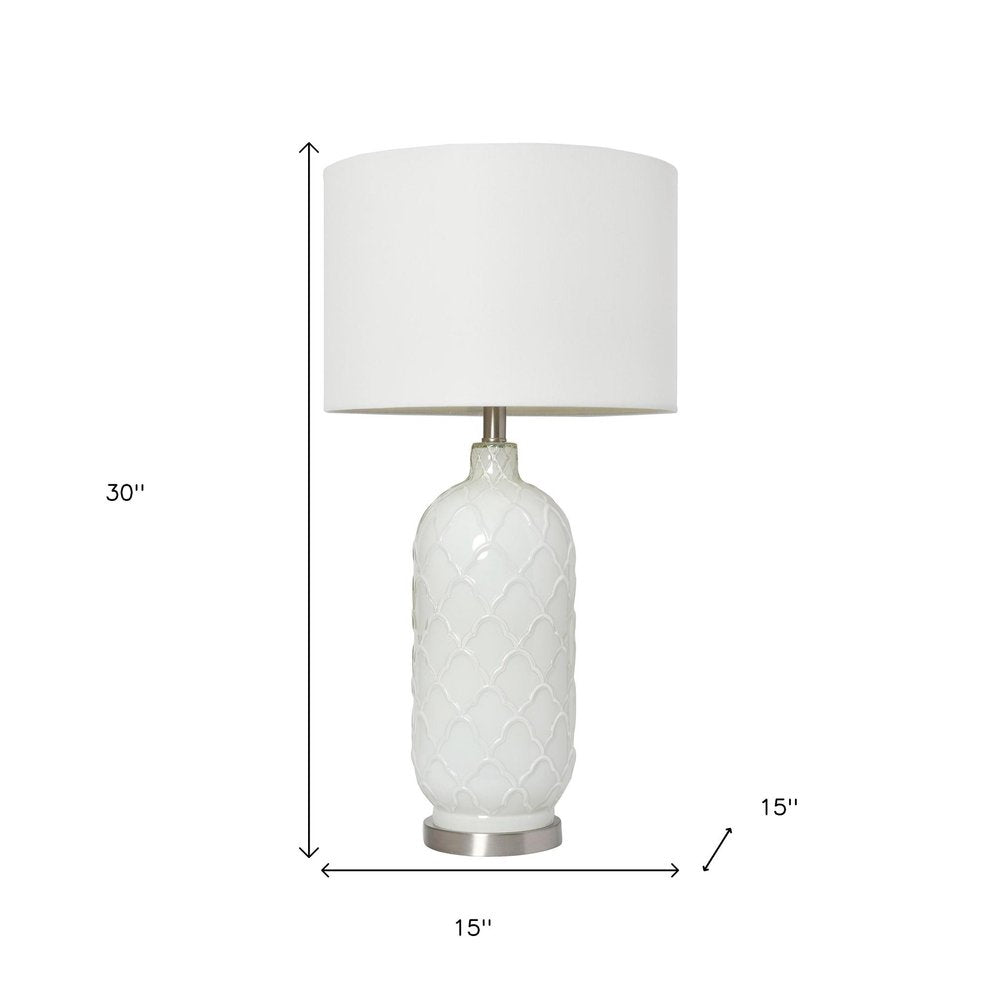 30" White And Nickel Glass Quatrefoil Table Lamp With White Drum Shade