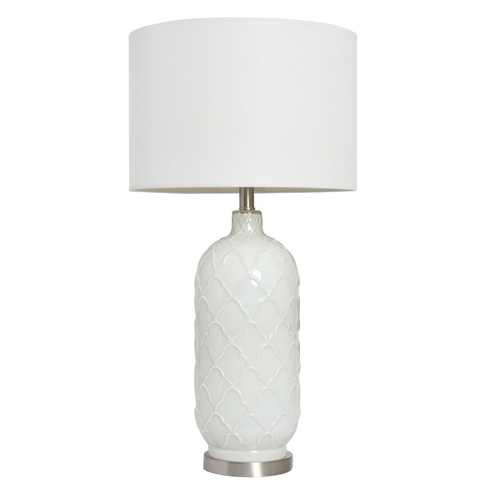 30" White And Nickel Glass Quatrefoil Table Lamp With White Drum Shade