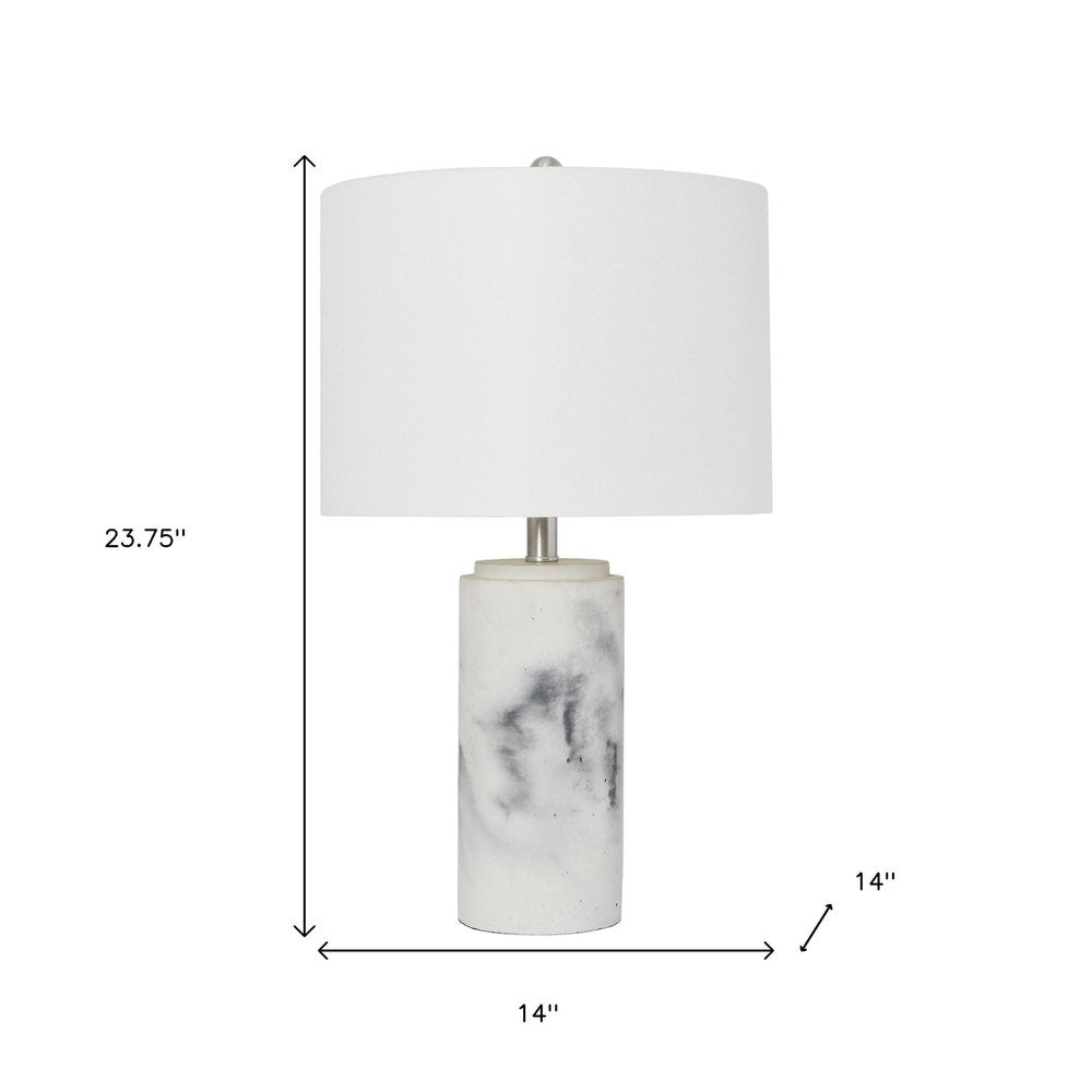 24" White And Black Faux Marble Concrete Table Lamp With White Drum Shade