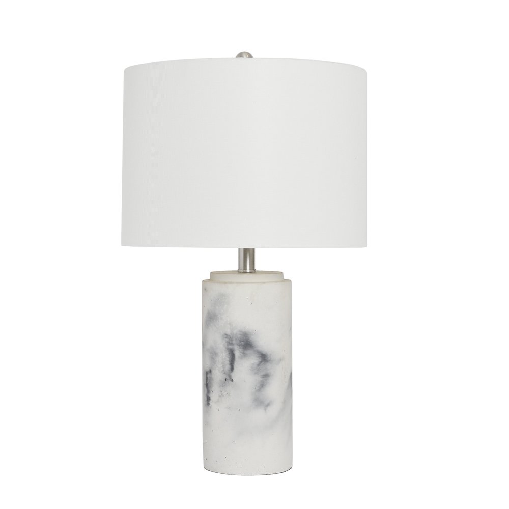 24" White And Black Faux Marble Concrete Table Lamp With White Drum Shade