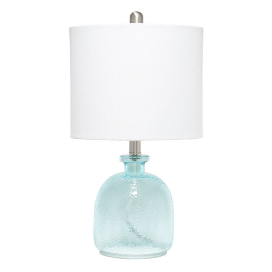 20" Blue Glass Round Table Lamp With White Drum Shade