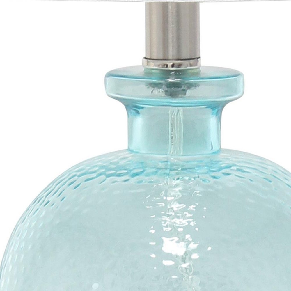 20" Blue Glass Round Table Lamp With White Drum Shade