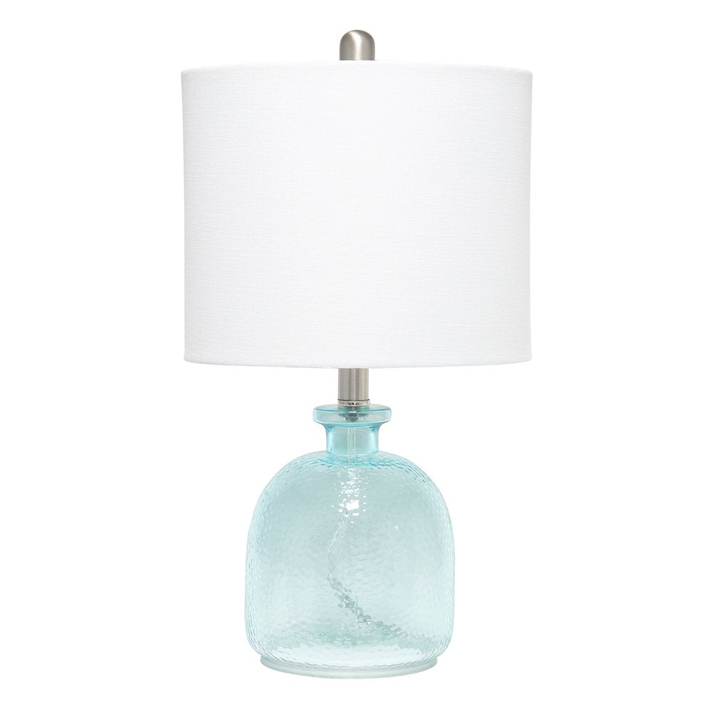 20" Blue Glass Round Table Lamp With White Drum Shade