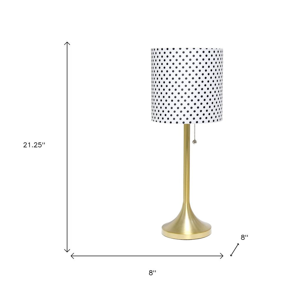21" Gold Metal Table Lamp With Polka Dots Fabric Drum Shade