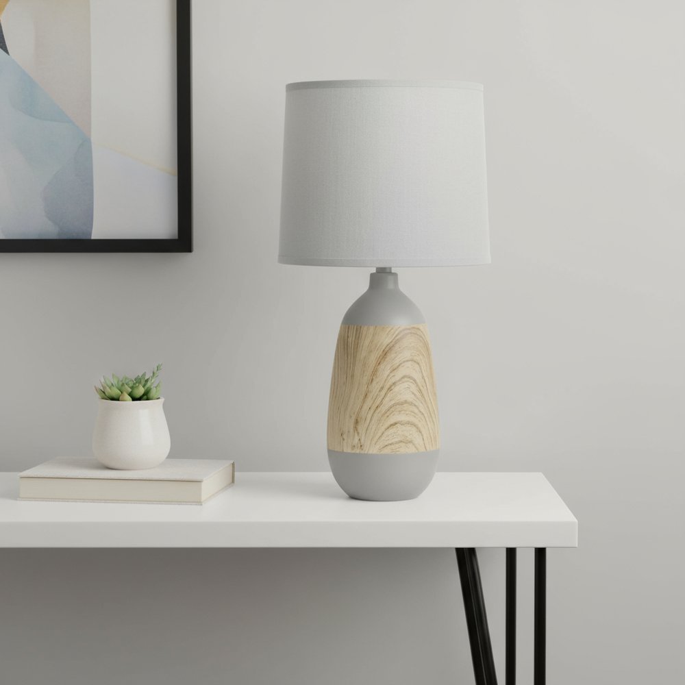 19" Gray And Oak Oblong Ceramic Table Lamp With Drum Shade