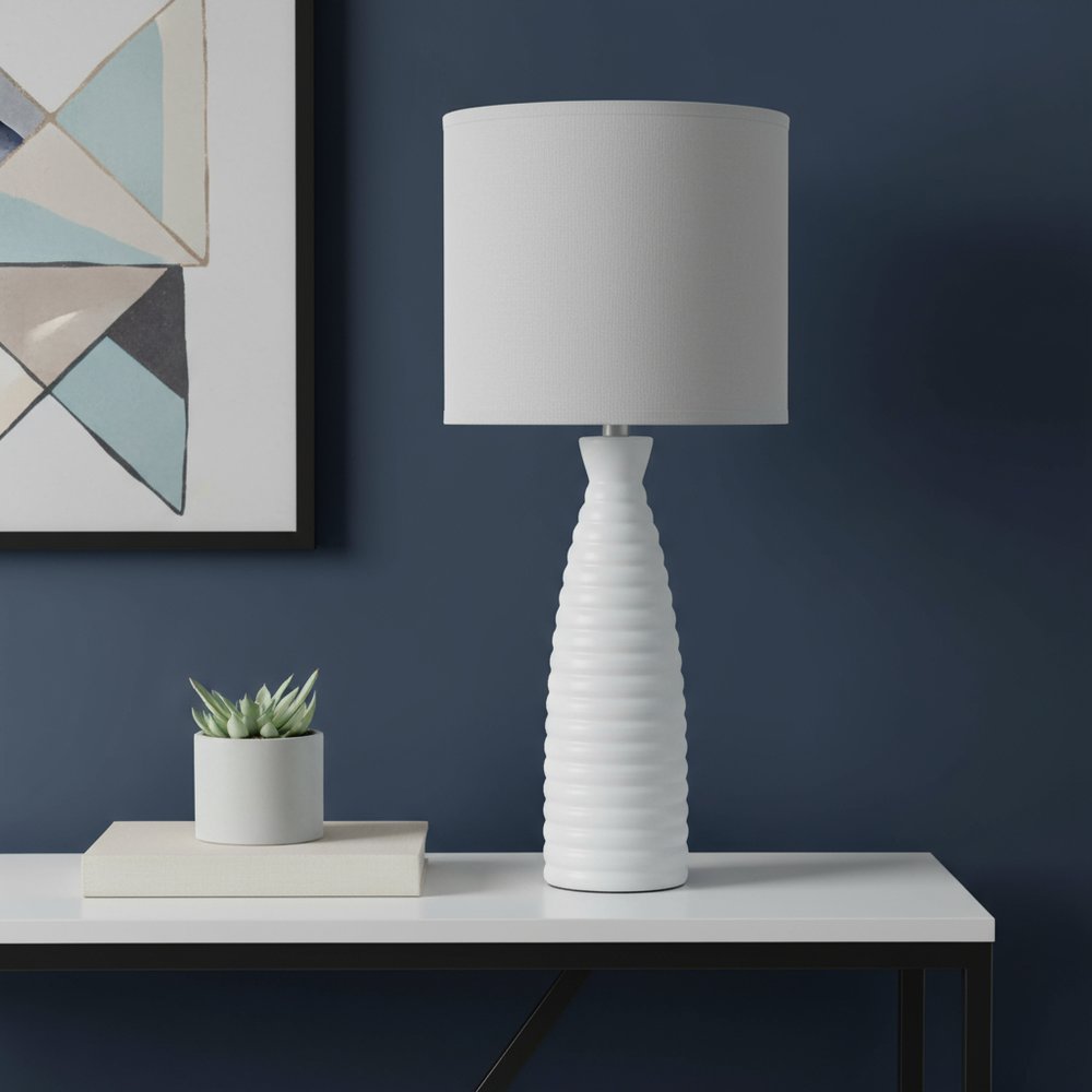 20" Gray Ceramic Round Table Lamp With Gray Drum Shade