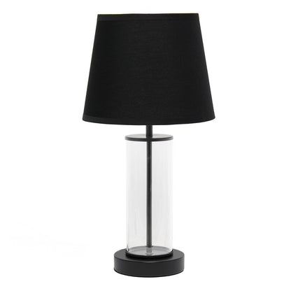 17" Black And Clear Glass And Metal Table Lamp With Black Drum Shade
