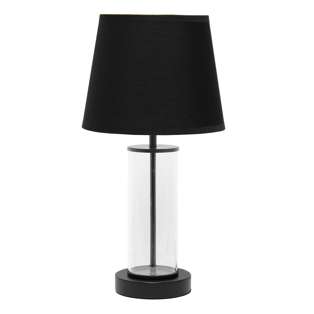 17" Black And Clear Glass And Metal Table Lamp With Black Drum Shade
