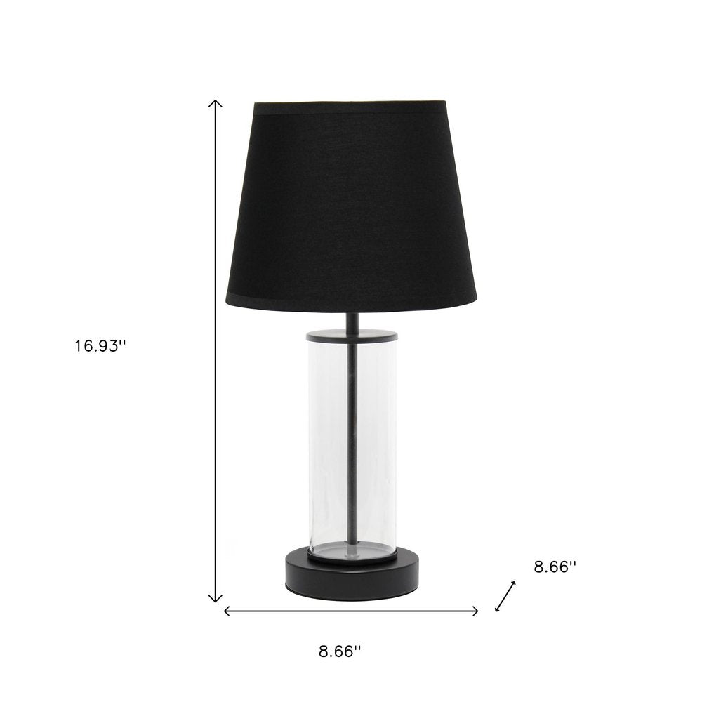 17" Black And Clear Glass And Metal Table Lamp With Black Drum Shade
