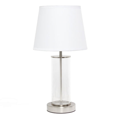 17" Nickel And Clear Glass And Metal Table Lamp With White Drum Shade