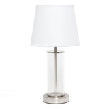 17" Nickel And Clear Glass And Metal Table Lamp With White Drum Shade