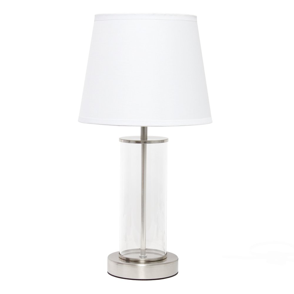17" Nickel And Clear Glass And Metal Table Lamp With White Drum Shade