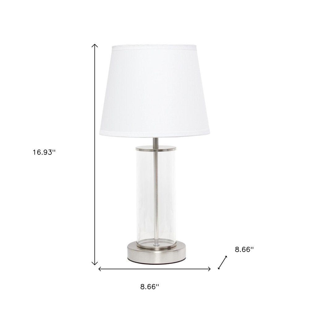 17" Nickel And Clear Glass And Metal Table Lamp With White Drum Shade