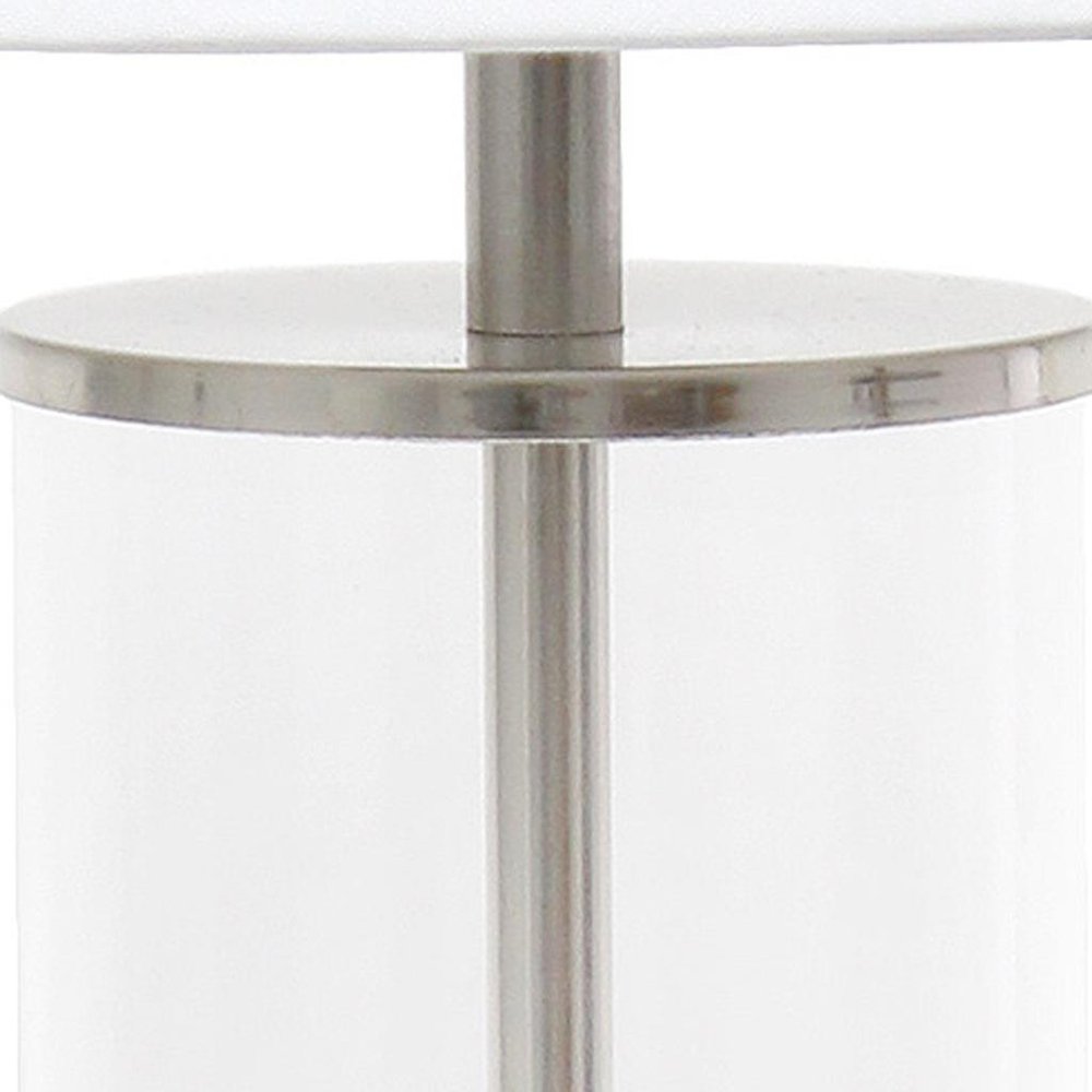 17" Nickel And Clear Glass And Metal Table Lamp With White Drum Shade