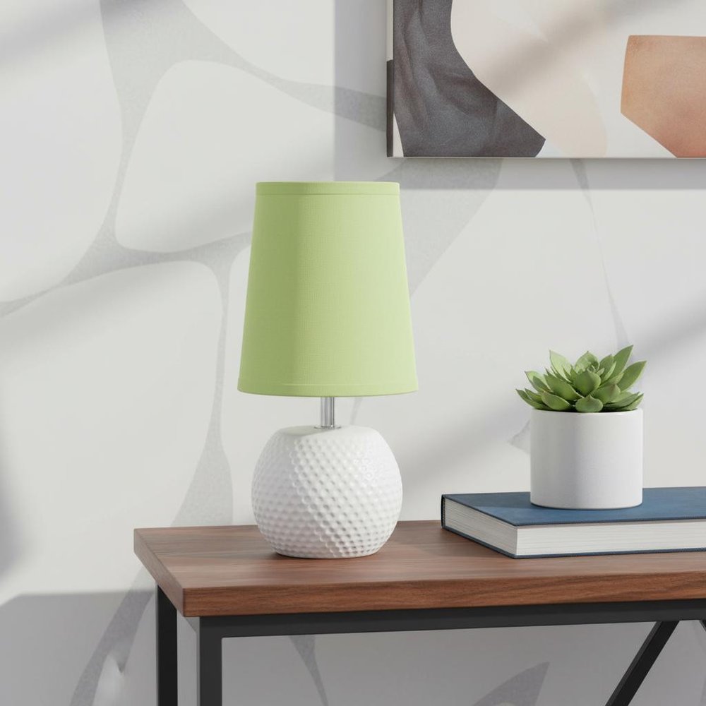 11" White Ceramic Round Table Lamp With Green Drum Shade