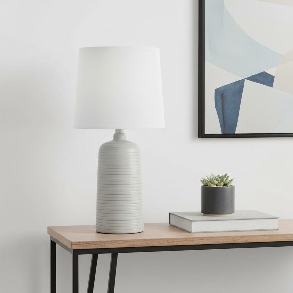 16" Taupe Ceramic Table Lamp With White Drum Shade