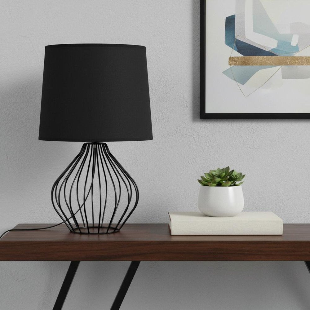 20" Black Metal Geometric Table Lamp With Black Drum Shade
