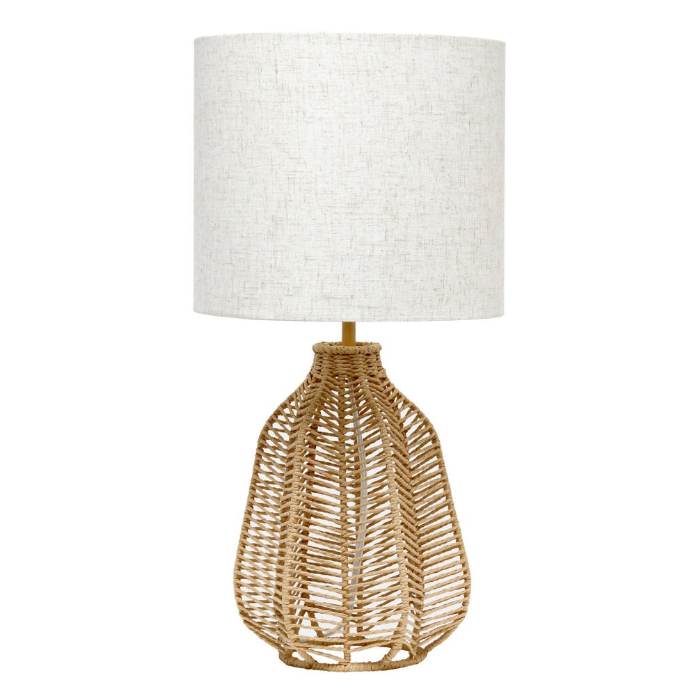 21" Natural Round Table Lamp With Beige Drum Shade
