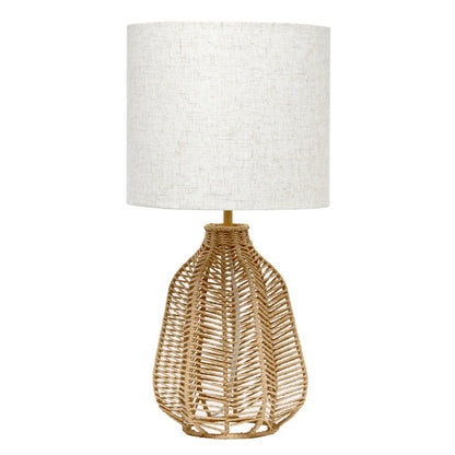 21" Natural Round Table Lamp With Beige Drum Shade