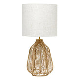 21" Natural Round Table Lamp With Beige Drum Shade