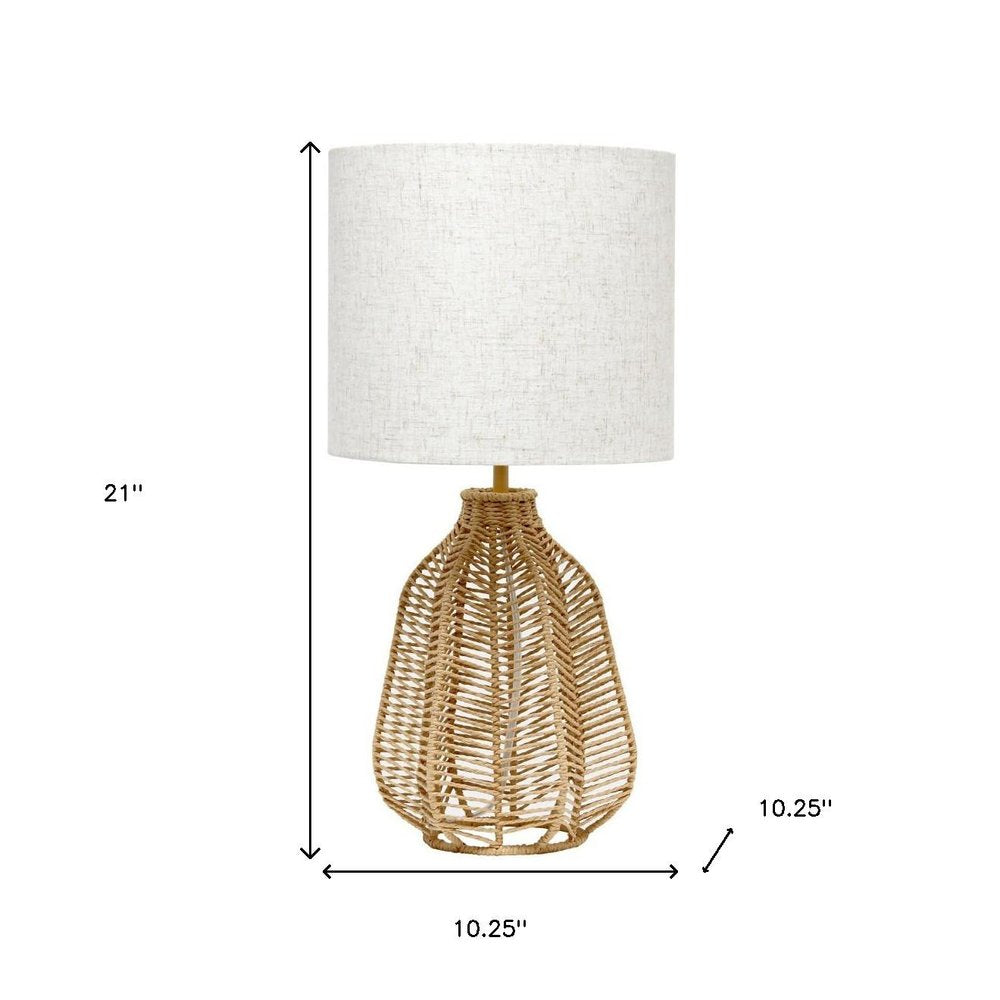 21" Natural Round Table Lamp With Beige Drum Shade