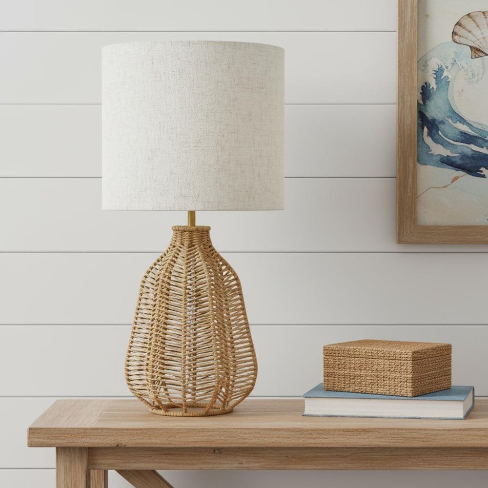 21" Natural Round Table Lamp With Beige Drum Shade