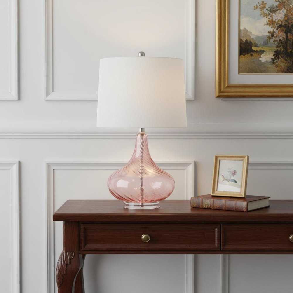 24" Pink And Clear Glass Novelty Table Lamp With White Drum Shade
