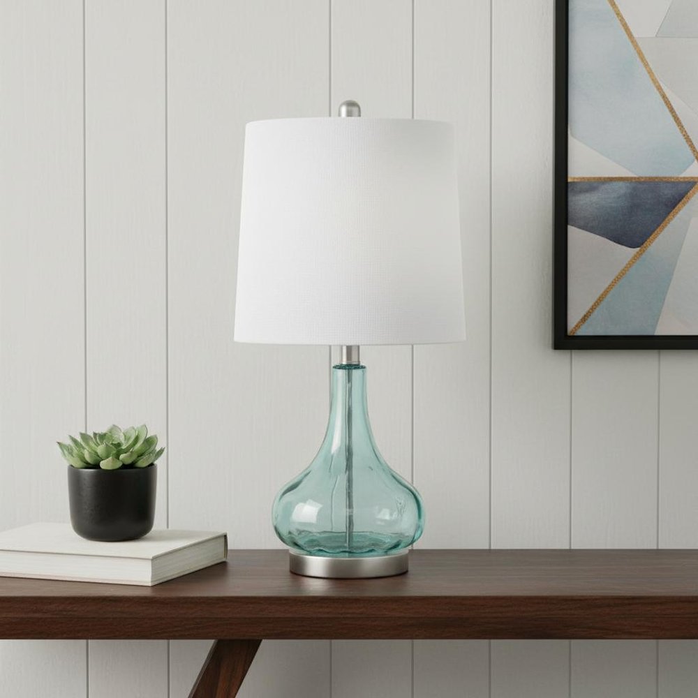 23" Blue And Silver Glass And Metal Novelty Table Lamp With White Drum Shade