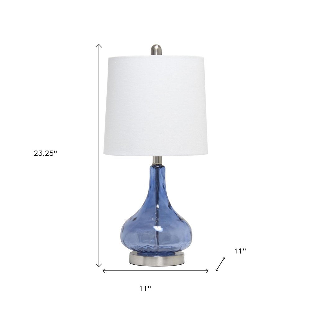 23" Dark Blue And Silver Glass And Metal Novelty Table Lamp With White Drum Shade