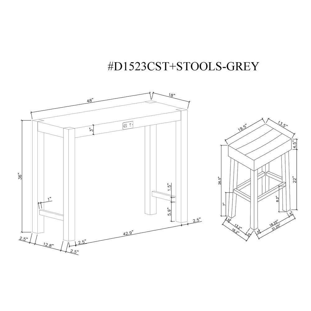 48" Three Piece Gray and Dark Brown Faux Marble and Solid Wood Rectangular Bar Set