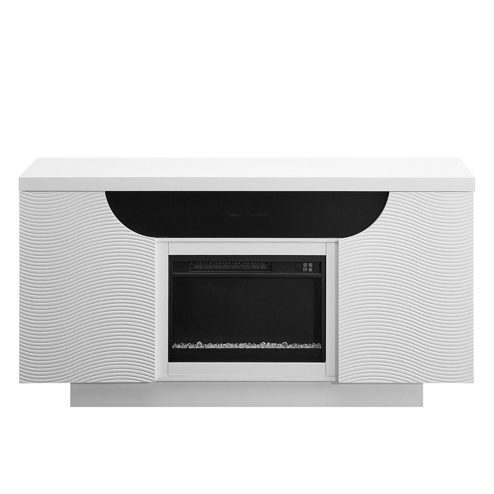 66" White Ribbed Wood Electric Storage Cabinet Fireplace With LED And Speaker