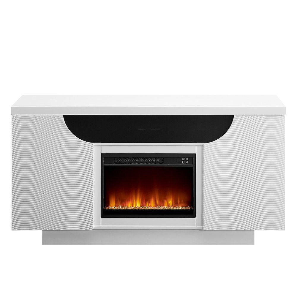 66" White Ribbed Wood Electric Storage Cabinet Fireplace With LED And Speaker