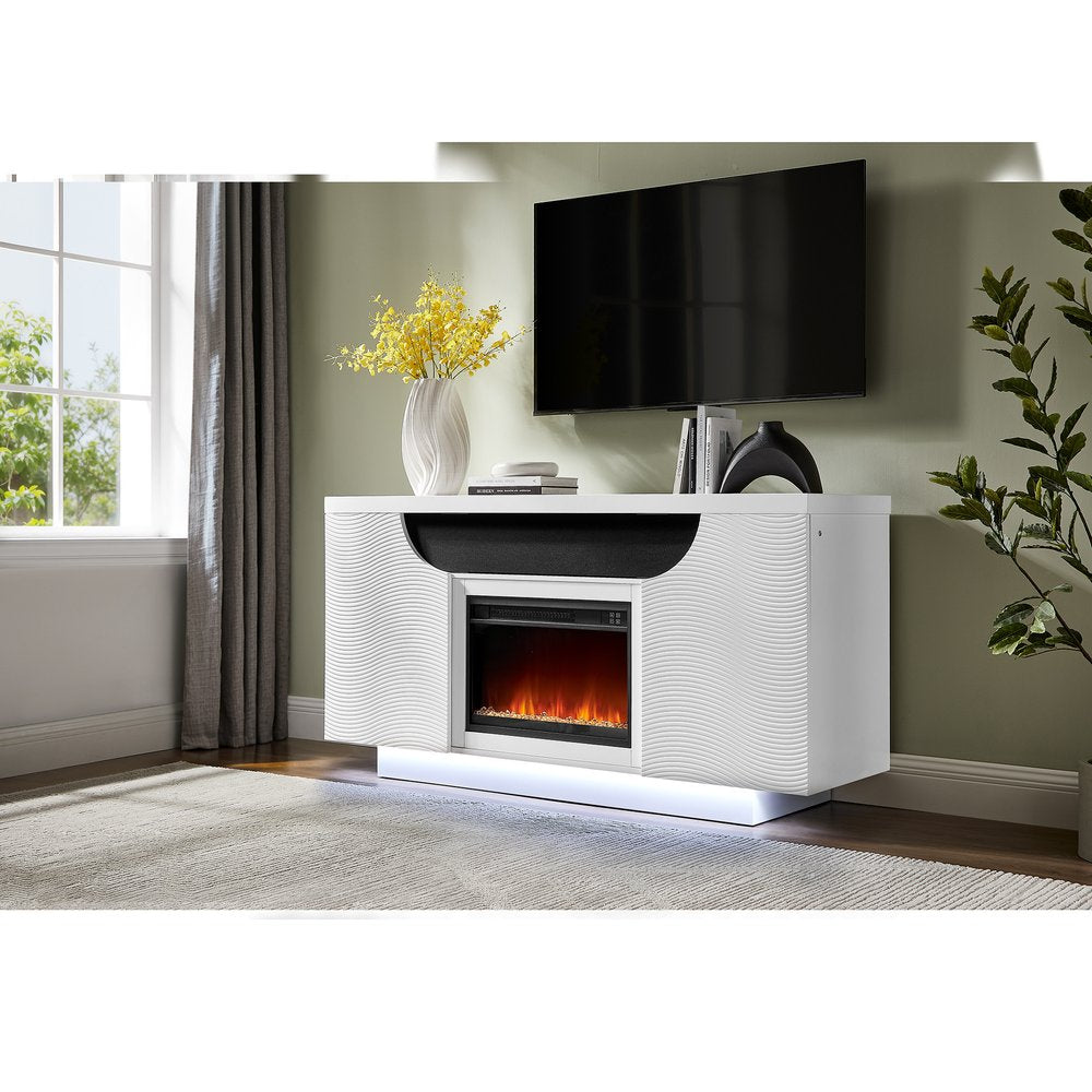 66" White Ribbed Wood Electric Storage Cabinet Fireplace With LED And Speaker