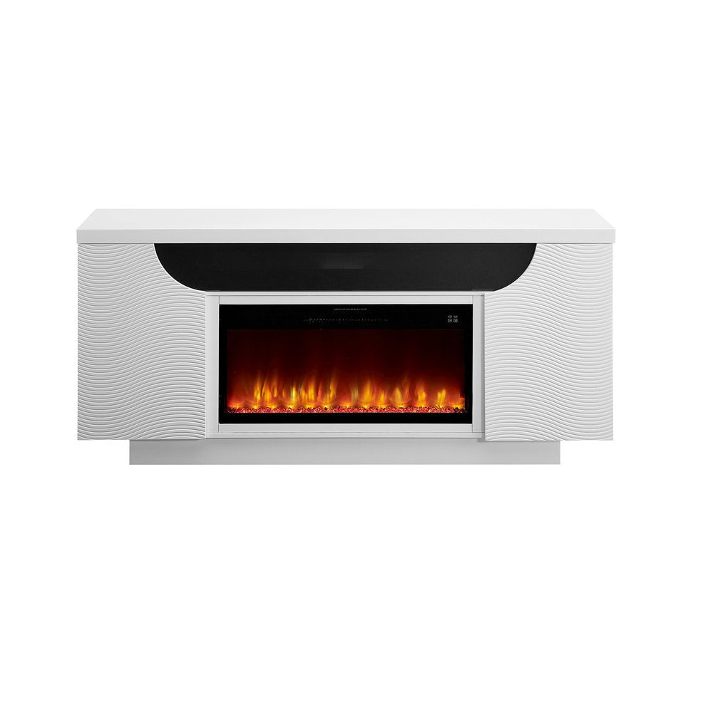 76" White Ribbed Wood Electric Storage Cabinet Fireplace With LED And Speaker