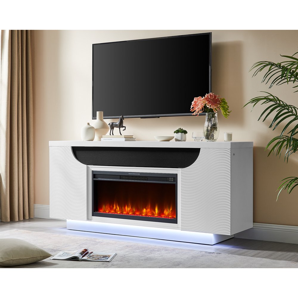 76" White Ribbed Wood Electric Storage Cabinet Fireplace With LED And Speaker